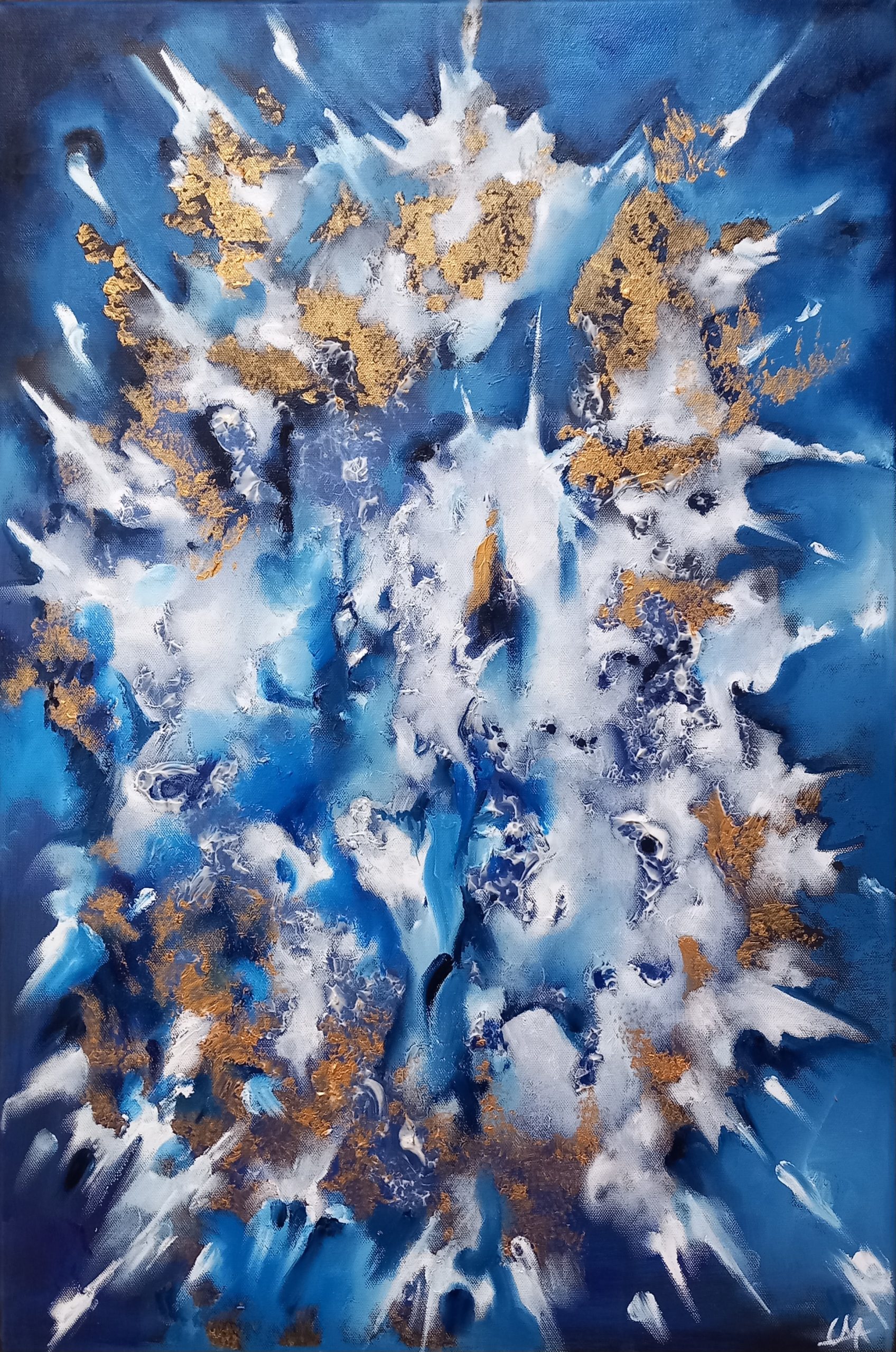 Omni-Potent - Contemporary oil and gold acrylic painting on canvas by Uma Aslam, 2025, 76x51cm featuring spiritual energy and metallic gold symbolism representing omnipotent power